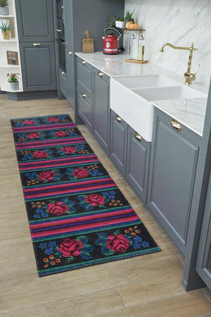 Gravity Washable Fringed Floral Pattern Thin Rug 2306