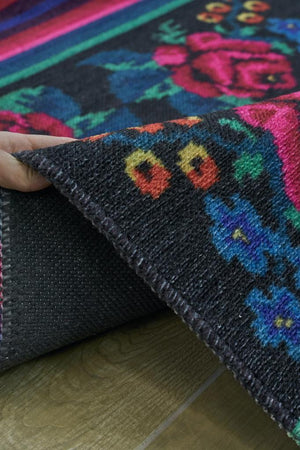 Gravity Washable Fringed Floral Pattern Thin Rug 2306