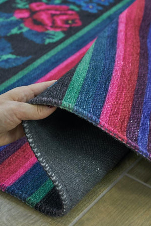 Gravity Washable Fringed Floral Pattern Thin Rug 2306