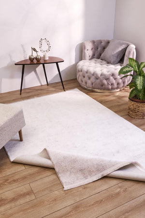 Solid Modern and Plain Patterned Fringed Cream Rug 8353