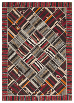 Striped Over Dyed Kilim Patchwork Unique Rug 7'2'' x 10'2'' ft 218 x 309 cm