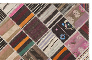 Striped Over Dyed Kilim Patchwork Unique Rug 5'10'' x 8'8'' ft 178 x 264 cm