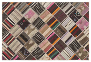 Striped Over Dyed Kilim Patchwork Unique Rug 5'10'' x 8'8'' ft 178 x 264 cm