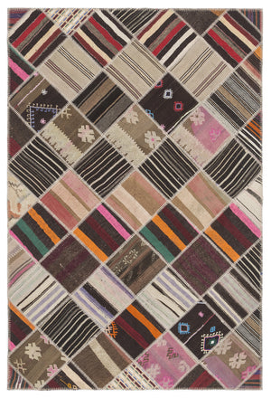 Striped Over Dyed Kilim Patchwork Unique Rug 5'10'' x 8'8'' ft 178 x 264 cm