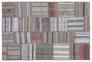 Striped Over Dyed Kilim Patchwork Unique Rug 5'3'' x 7'7'' ft 160 x 230 cm