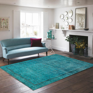 Turquoise Over Dyed Rug I Retro Rug | Turkish Rug | Hand Weaving Rug | Living Room Rug | Wool Rug | Vintage Rug | Tumbled Rug | Retro Rug | Boho Rug I 6'4'' x 10'3'' ft 193 x 312 cm
