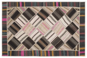 Striped Over Dyed Kilim Patchwork Unique Rug 5'7'' x 8'5'' ft 170 x 256 cm