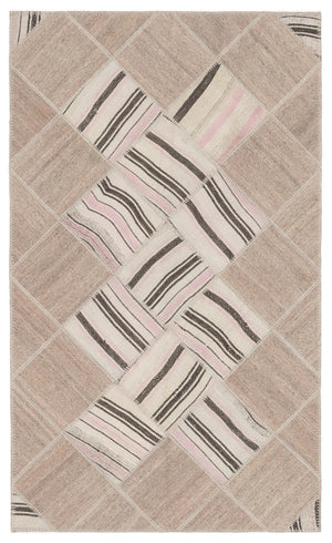 Striped Over Dyed Kilim Patchwork Unique Rug 4'4'' x 7'3'' ft 133 x 222 cm