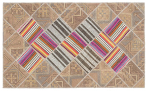 Striped Over Dyed Kilim Patchwork Unique Rug 4'4'' x 7'3'' ft 132 x 222 cm