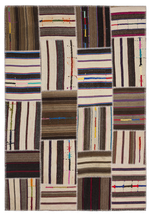 Striped Over Dyed Kilim Patchwork Unique Rug 5'3'' x 7'7'' ft 160 x 230 cm