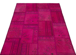 Fuchsia Over Dyed Patchwork Unique Rug 3'11'' x 5'11'' ft 120 x 180 cm