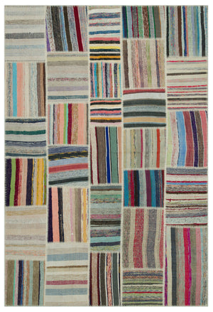 Striped Over Dyed Kilim Patchwork Unique Rug 6'2'' x 9'2'' ft 188 x 280 cm