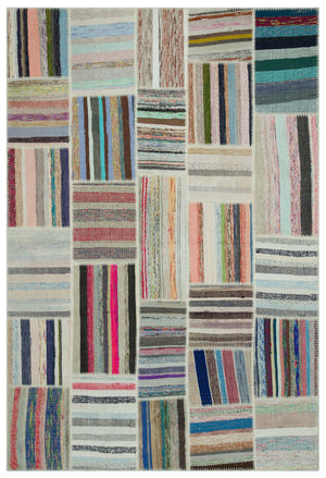 Striped Over Dyed Kilim Patchwork Unique Rug 6'3'' x 9'2'' ft 190 x 280 cm