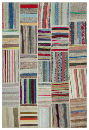 Striped Over Dyed Kilim Patchwork Unique Rug 6'3'' x 9'1'' ft 190 x 278 cm