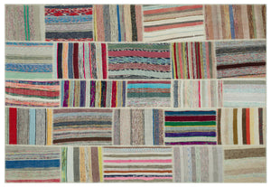 Striped Over Dyed Kilim Patchwork Unique Rug 6'3'' x 9'1'' ft 190 x 278 cm