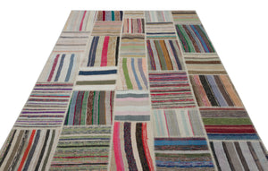 Striped Over Dyed Kilim Patchwork Unique Rug 6'3'' x 9'2'' ft 190 x 280 cm