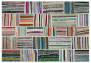 Striped Over Dyed Kilim Patchwork Unique Rug 6'3'' x 9'0'' ft 190 x 275 cm