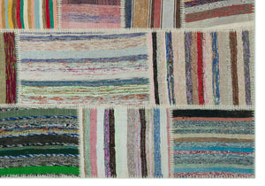 Striped Over Dyed Kilim Patchwork Unique Rug 6'3'' x 9'0'' ft 190 x 275 cm