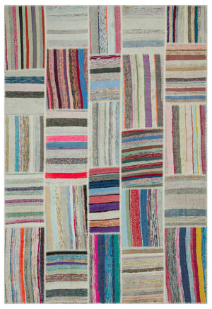 Striped Over Dyed Kilim Patchwork Unique Rug 6'3'' x 9'1'' ft 190 x 278 cm