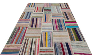 Striped Over Dyed Kilim Patchwork Unique Rug 6'2'' x 9'1'' ft 188 x 278 cm