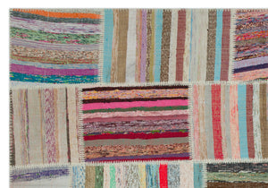 Striped Over Dyed Kilim Patchwork Unique Rug 6'2'' x 8'11'' ft 189 x 273 cm