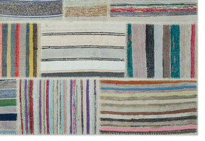 Striped Over Dyed Kilim Patchwork Unique Rug 6'3'' x 9'1'' ft 190 x 277 cm