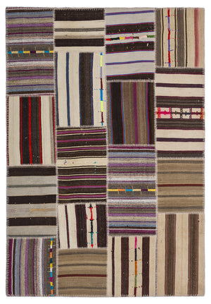 Striped Over Dyed Kilim Patchwork Unique Rug 5'3'' x 7'7'' ft 160 x 230 cm