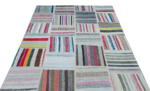 Striped Over Dyed Kilim Patchwork Unique Rug 5'3'' x 7'5'' ft 160 x 225 cm