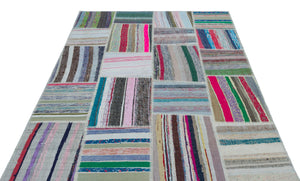 Striped Over Dyed Kilim Patchwork Unique Rug 5'3'' x 7'7'' ft 160 x 230 cm