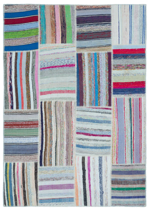 Striped Over Dyed Kilim Patchwork Unique Rug 5'3'' x 7'5'' ft 160 x 226 cm