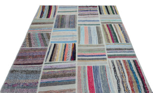 Striped Over Dyed Kilim Patchwork Unique Rug 5'3'' x 7'4'' ft 160 x 224 cm
