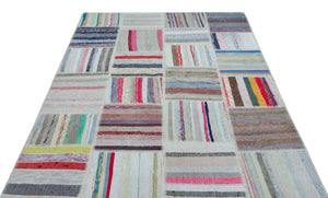 Striped Over Dyed Kilim Patchwork Unique Rug 5'3'' x 7'7'' ft 160 x 230 cm