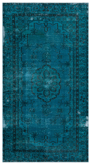 Turquoise  Over Dyed Vintage Rug 4'12'' x 9'3'' ft 152 x 283 cm