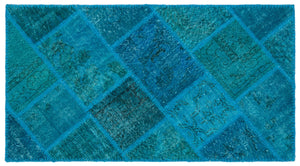 Turquoise Over Dyed Patchwork Unique Rug 2'7'' x 4'11'' ft 80 x 150 cm