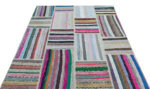 Striped Over Dyed Kilim Patchwork Unique Rug 5'3'' x 7'3'' ft 160 x 220 cm