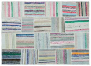 Striped Over Dyed Kilim Patchwork Unique Rug 5'3'' x 7'3'' ft 160 x 222 cm