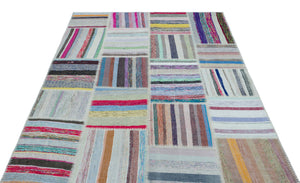 Striped Over Dyed Kilim Patchwork Unique Rug 5'2'' x 7'3'' ft 158 x 222 cm