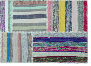 Striped Over Dyed Kilim Patchwork Unique Rug 5'2'' x 7'3'' ft 158 x 222 cm