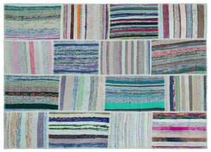 Striped Over Dyed Kilim Patchwork Unique Rug 5'2'' x 7'3'' ft 157 x 220 cm