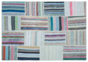 Striped Over Dyed Kilim Patchwork Unique Rug 5'2'' x 7'4'' ft 158 x 223 cm