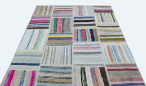 Striped Over Dyed Kilim Patchwork Unique Rug 5'3'' x 7'3'' ft 160 x 222 cm