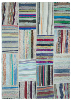 Striped Over Dyed Kilim Patchwork Unique Rug 5'2'' x 7'3'' ft 157 x 220 cm