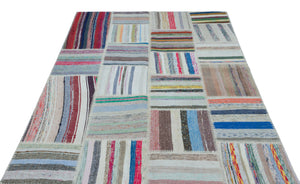 Striped Over Dyed Kilim Patchwork Unique Rug 5'2'' x 7'3'' ft 157 x 220 cm