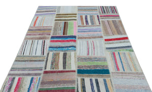 Striped Over Dyed Kilim Patchwork Unique Rug 5'2'' x 7'3'' ft 158 x 222 cm