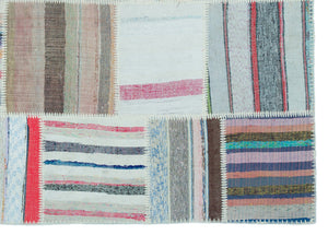 Striped Over Dyed Kilim Patchwork Unique Rug 5'2'' x 7'3'' ft 158 x 222 cm