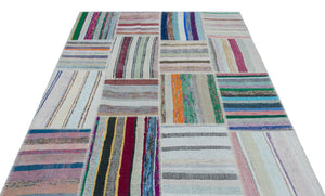 Striped Over Dyed Kilim Patchwork Unique Rug 5'3'' x 7'5'' ft 160 x 226 cm
