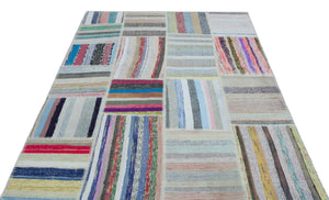Striped Over Dyed Kilim Patchwork Unique Rug 5'3'' x 7'4'' ft 160 x 224 cm