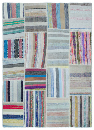 Striped Over Dyed Kilim Patchwork Unique Rug 5'3'' x 7'4'' ft 160 x 224 cm