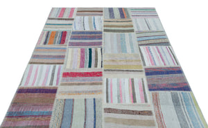 Striped Over Dyed Kilim Patchwork Unique Rug 5'3'' x 7'5'' ft 160 x 225 cm