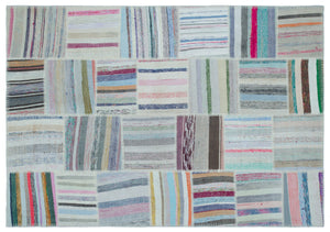 Striped Over Dyed Kilim Patchwork Unique Rug 5'2'' x 7'5'' ft 158 x 227 cm